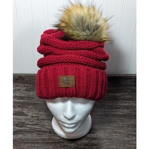 Women's Red Winter Knit Hat with Faux Fur Pom Pom